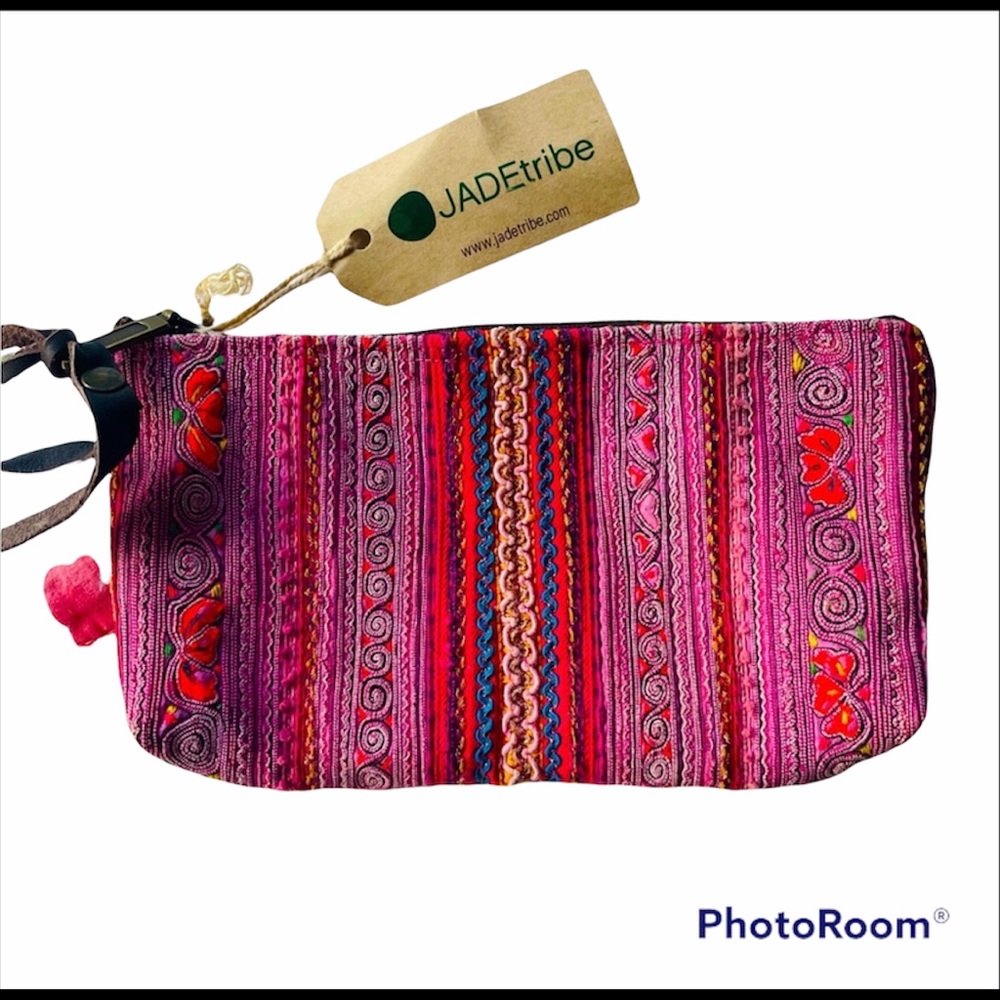 Pink Toned Handcrafted  Woven Jade Tribe Clutch pull tab and leather Fringe